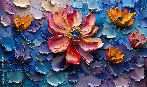 Oil paintings of abstract flowers and leaves. Sprinkled paint on smooth paper. Generative Ai