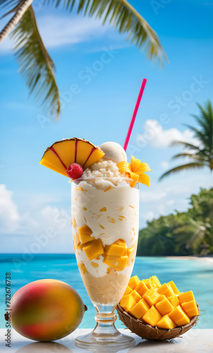 Sundae ice cream with Thai ingredients like mango, sticky rice, and coconut cream in a tall glass. Theme: tropical summer with colorful garnish, photo