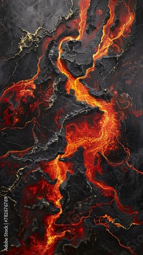Volcanic lava flows, dynamic earth, fiery reds and blacks