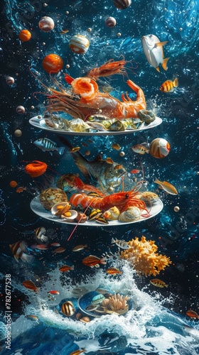 Floating seafood platter, orbiting around an oceanic planet