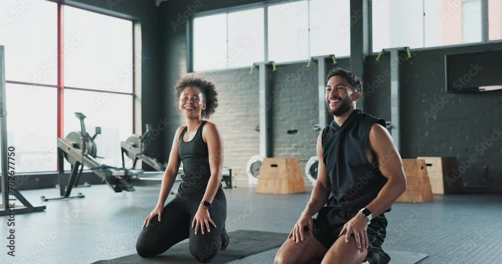 Fitness, high five or happy people in gym training, body workout or core strength challenge. Teamwork, friends or proud sports athletes in mountain climber exercise for wellness, energy or support