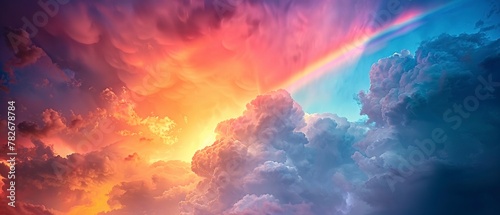Rainbow against stormy sky, close up, vibrant colors, dramatic contrast