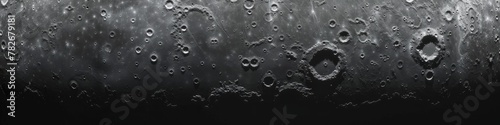 The moons surface with its distinctive craters and rough terrain under a dark sky. Banner. Background.