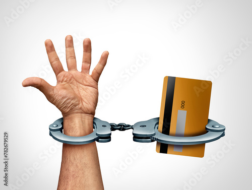 Credit Card Problem and financial trap as debt Stress and economic burden or loan prisoner in handcuffs as high interest borrowing and late fees for consumer loans or overdue card balance.