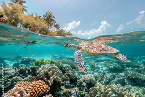 Sea turtle swimming in coral reef underwater. © InfiniteStudio