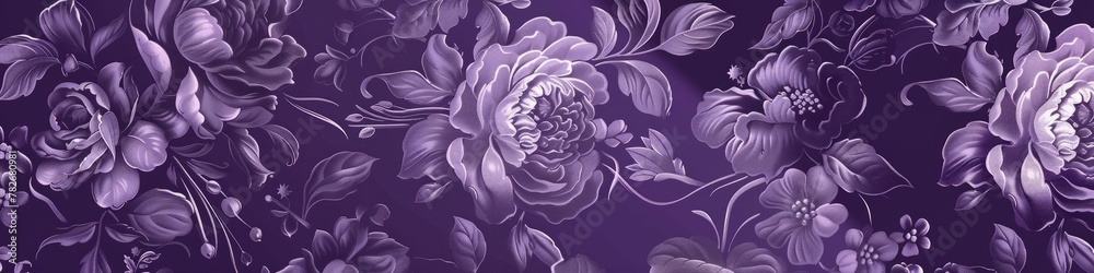 Close-up view of an elegant floral pattern on a purple background. Banner.