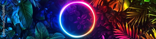 Colorful wall with a rainbow neon light circle in the center with a halo effect. Copy space. photo