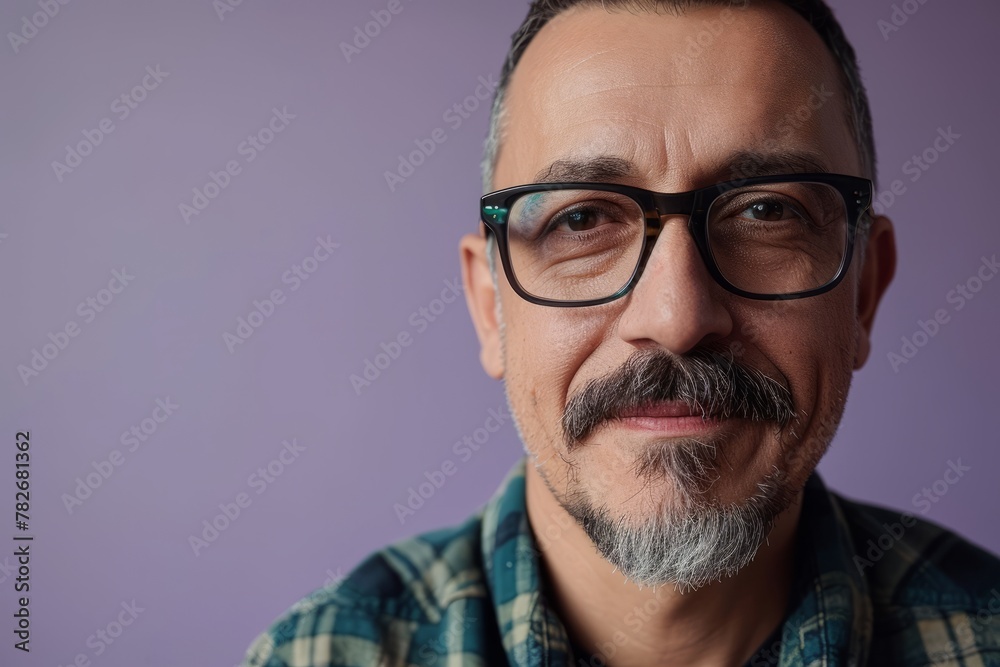 Portrait of a handsome mature man with beard and mustache wearing glasses