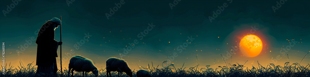 Shepherd Jesus Christ leading the sheep and praying to God. Jesus silhouette background in the field on sunrise. Biblical illustration. Religion concept - obrazy, fototapety, plakaty 
