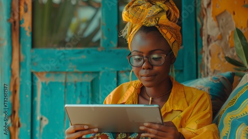 Middle agencia black african woman in traditional african yellow clothes and hair wrap , with glasses working in a laptop