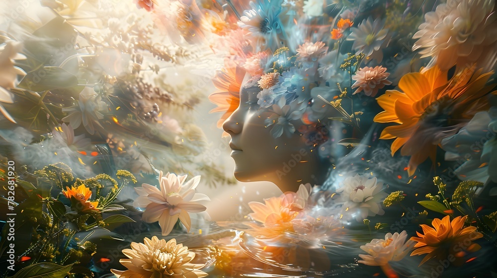 A Solitary Figure Enveloped in a Surreal Dreamscape of Blooming Flowers and Flowing Water,Experiencing a Profound Connection with the Natural World