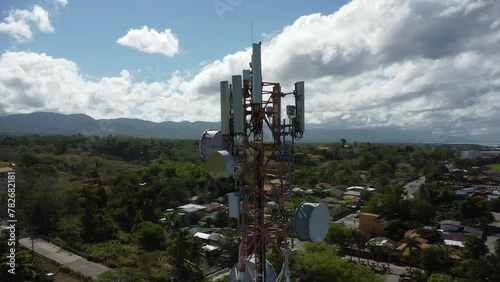 aerial view around of the telecommunication tower. Telecom tower antennas and satellite transmits the signals of cellular 5g 4g mobile signals