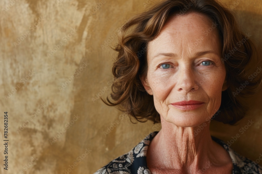 Portrait of senior woman with freckles looking at camera.