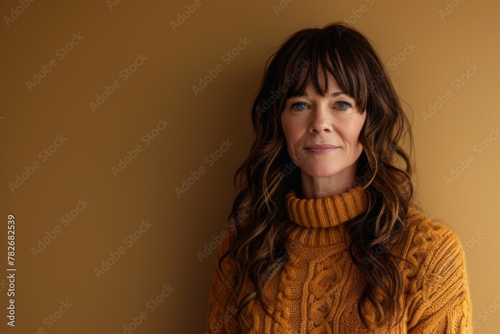 Portrait of a middle-aged woman in a sweater on a brown background Portrait of a middle-aged woman in a sweater on a brown background