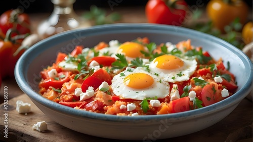  A close-up shot of a traditional Greek Menemen dish served on a rustic wooden table  showcasing the vibrant colors of fresh ingredients like tomatoes  bell peppers  and eggs  with a sprinkle of crumb
