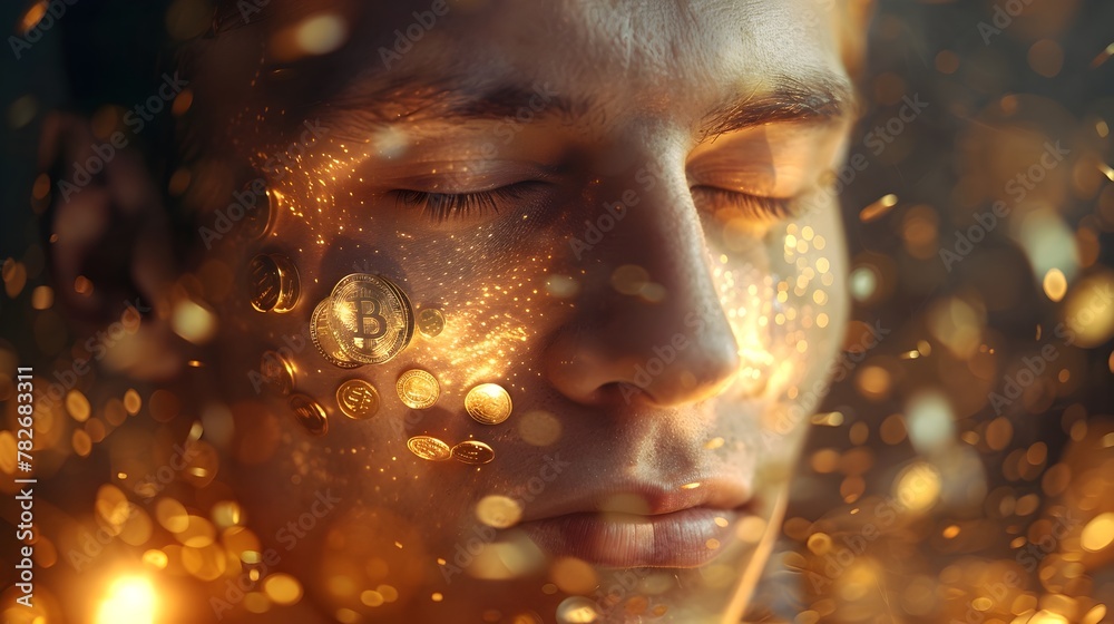 Businessman in Meditative Trance Surrounded by Floating Golden Coins and Warm Ethereal Lighting Businessman in Meditative Trance Surrounded by Floating Golden Coins and Warm Ethereal Lighting
