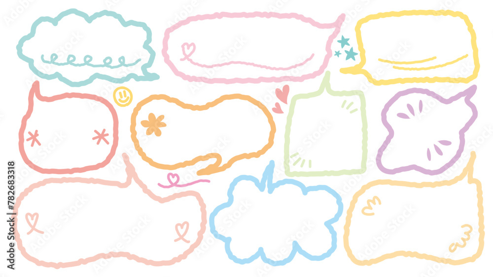 Cute Memo collection.Set of blank colorful speech bubble in flat design for short message. Chat balloon in hand drawn style.Cute vector illustration Sticker for chat symbol, talk dialog word  text box