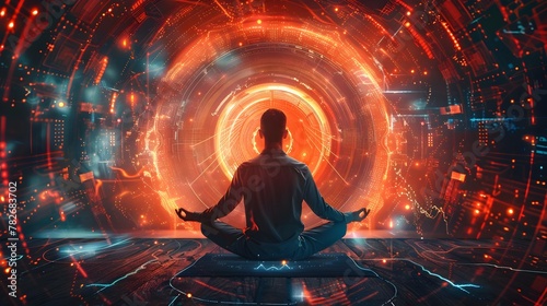 Businessman Meditating in Futuristic Circuitry Energy Field - Concept of Mindfulness and Inner Journey in the Digital Age