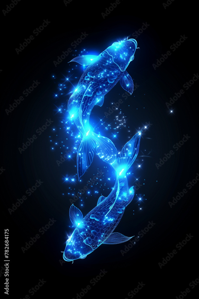 Pisces zodiac sign shining in blue on black background, astrology symbol and constellation Pisces zodiac sign shining in blue on black background, astrology symbol and constellation