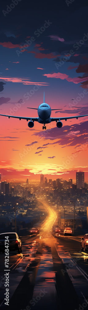The silhouette of an airplane descending towards an airport runway at dusk, navigation lights glowing, rendered against a journey's end background, highlighting the precision and grace of landing, The silhouette of an airplane descending towards an airport runway at dusk, navigation lights glowing, rendered against a journey's end background, highlighting the precision and grace of landing,