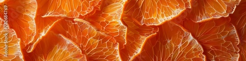 Close-up of an orange textured surface mimicking the intricate patterns of citrus fruit slices. Banner. Background.