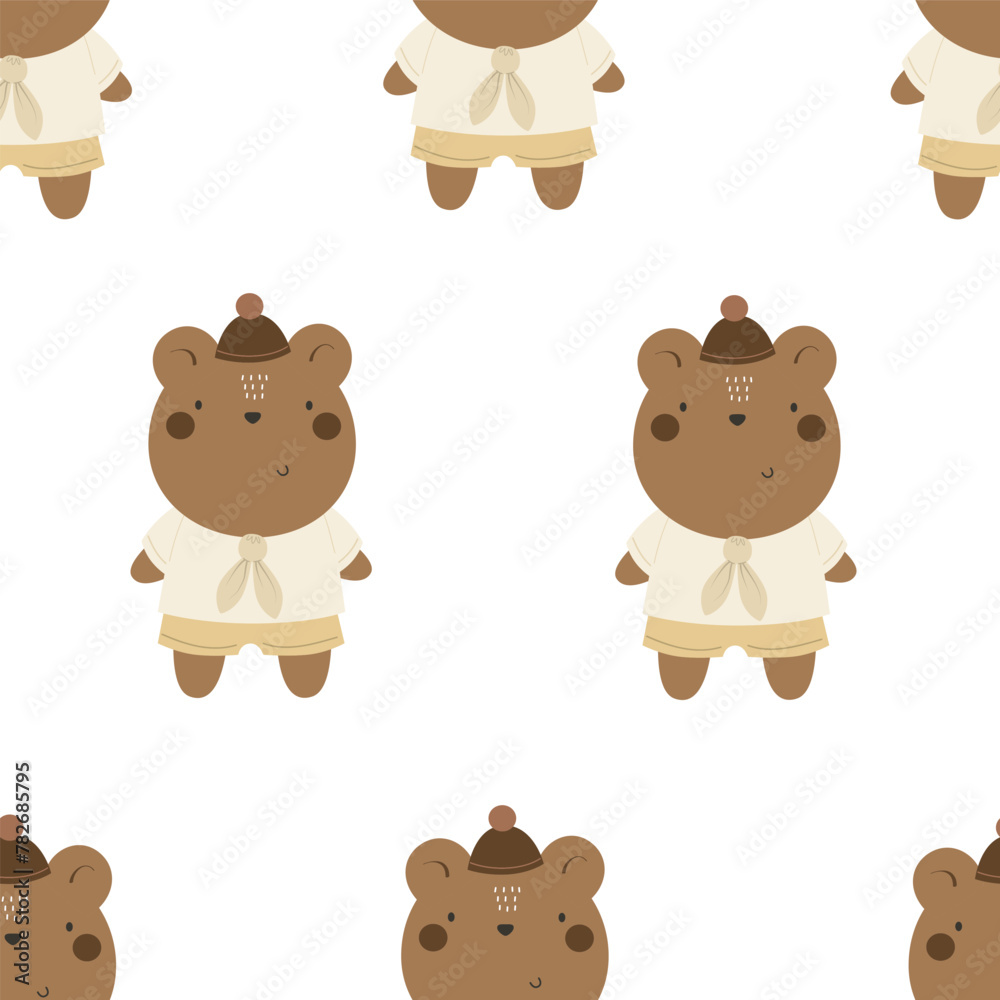 Seamless pattern with cartoon bear toy, baby decor elements. simple flat vector. Hand drawing for children. baby design for fabric, textile, wrapper, print, baby shower Seamless pattern with cartoon bear toy, baby decor elements. simple flat vector. Hand drawing for children. baby design for fabric, textile, wrapper, print, baby shower