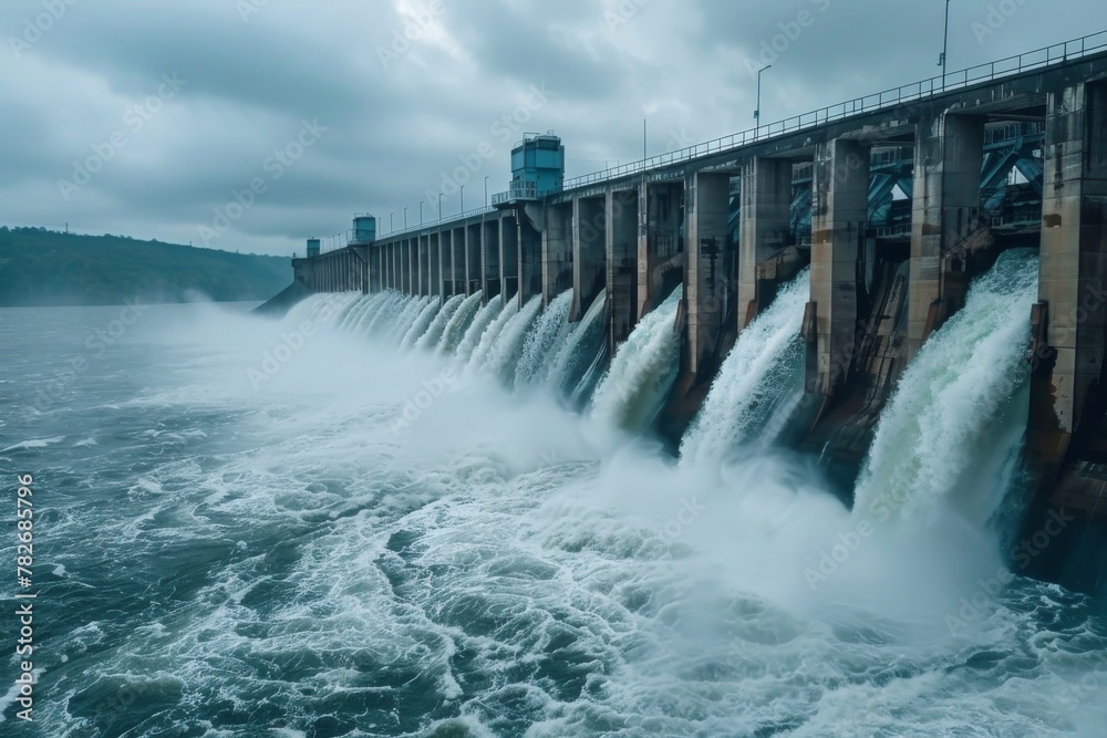 Dark dam with powerful waterfalls into the river