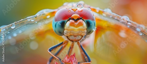 Macro view of a colorful dragonfly with glistening water droplets resting on its delicate wings photo