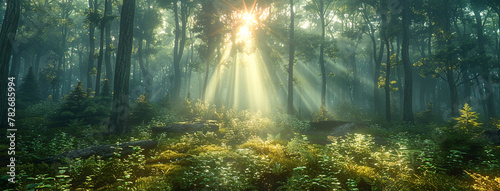 Wide panoramic background image, natural scenery photo of sunrise beams coming through inside a rain forest trees shade in a sunny day morning