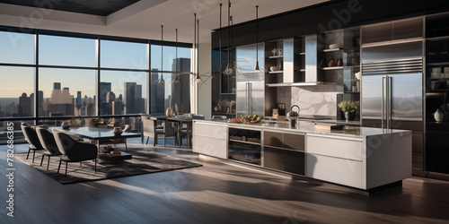 A contemporary kitchen with high-gloss cabinets and stainless steel appliances, set against a backdrop of urban skyline views through floor-to-ceiling windows.
