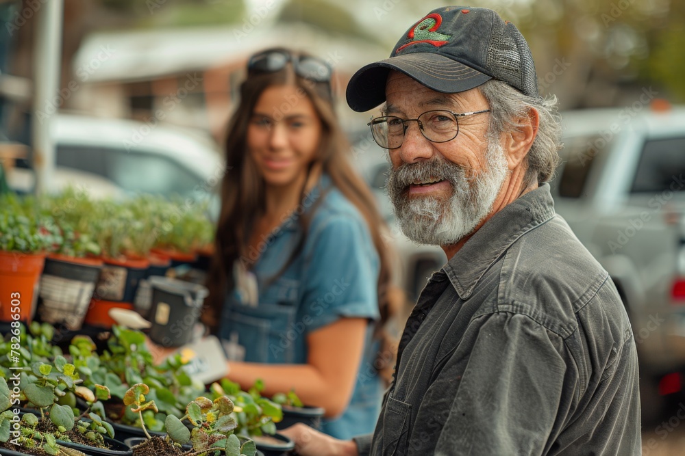 Two gardeners smiling while tending to a variety of potted plants at a market, sharing a passion for botany. Two gardeners smiling while tending to a variety of potted plants at a market, sharing a passion for botany.