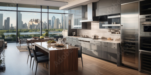 A contemporary kitchen with high-gloss cabinets and stainless steel appliances, set against a backdrop of urban skyline views through floor-to-ceiling windows. © Kaneez