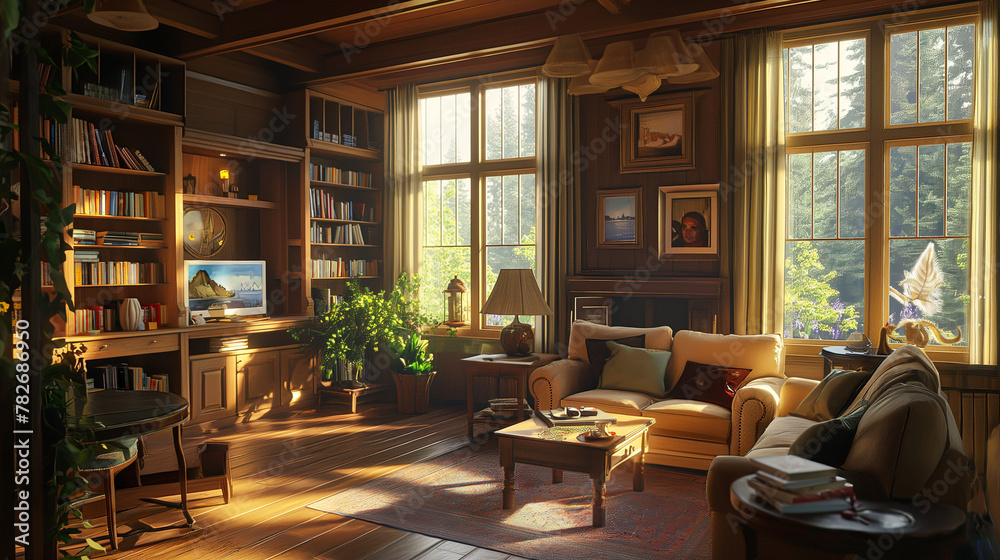 a realistic image of a modern bedroom at daylight, with a nightstand, sun enter, books, photorealistic, Geometric Composition a realistic image of a modern bedroom at daylight, with a nightstand, sun enter, books, photorealistic, Geometric Composition