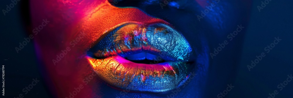 beautiful female lip makeup. Trendy girl trendy glowing lips makeup.  Glitter, Vivid neon colorful make up. Clab night disco party banner.