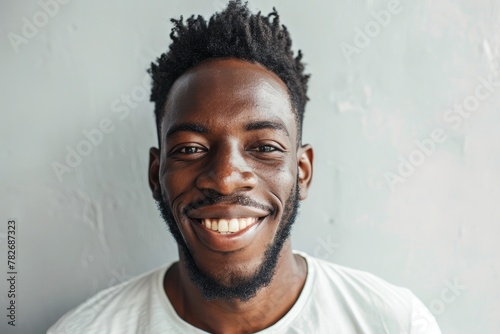 Portrait of a young african american man smiling against grey wall