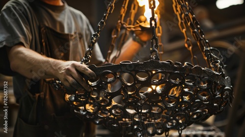 An artisan blacksmith displays a unique piece of functional art a chandelier made entirely of intricately forged horseshoes. Each individual piece adds to the overall beauty and functionality . photo