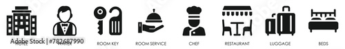 Hotel service icon set. Hospitality symbol, room, service, facilities and so on.