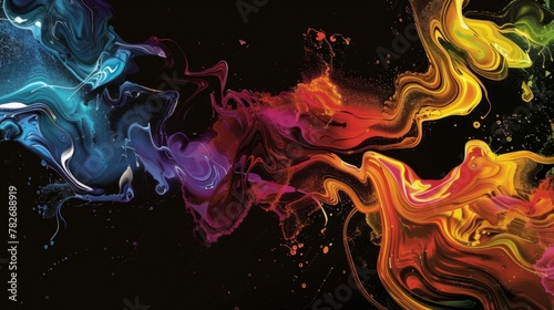 Experience a visual feast as vibrant bands of color collide and intertwine on a deep black backdrop.