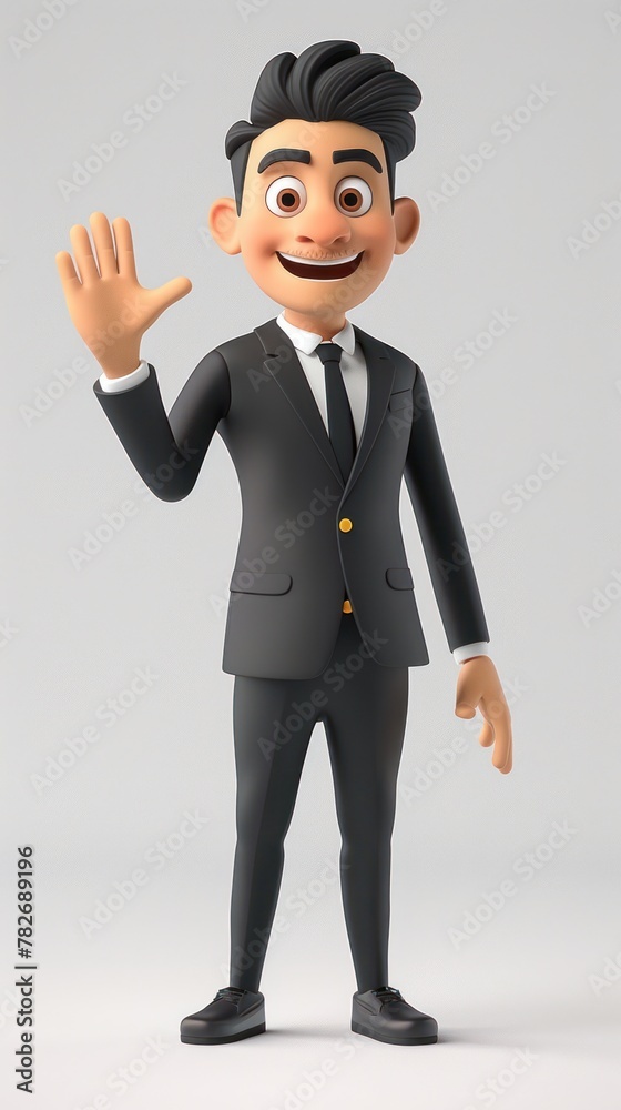 3d illustration of a happy business man in a black suit waving 3d illustration of a happy business man in a black suit waving