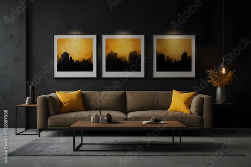 Living room with 3 three accent canvas square painting picture. Frames for art on a black wall. Gallery in dark colors with a light yellow sofa or couch. Rich exhibition mockup layout triptych