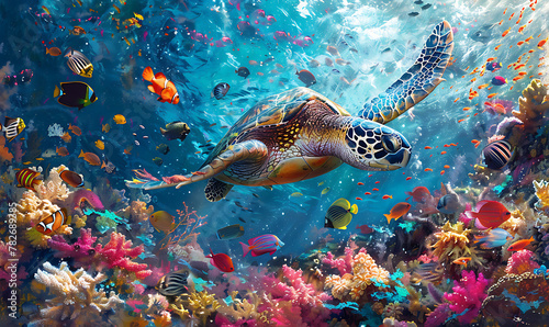 turtle with group of colorful fish and sea animals with colorful coral underwater in ocean. Generative Ai © Handz