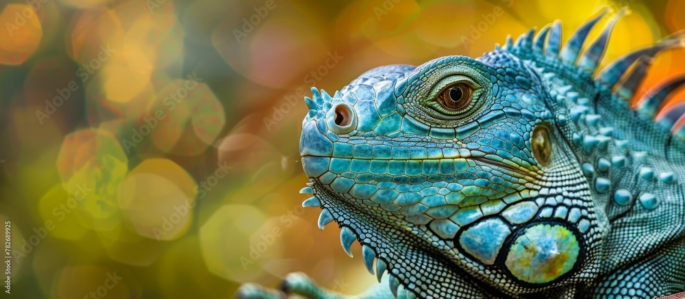 Fototapeta premium A reptile with blue skin and vibrant green eyes, resembling a chameleon, is comfortably seated on a twig