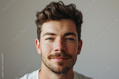 Portrait of a handsome young man with beard looking at camera.