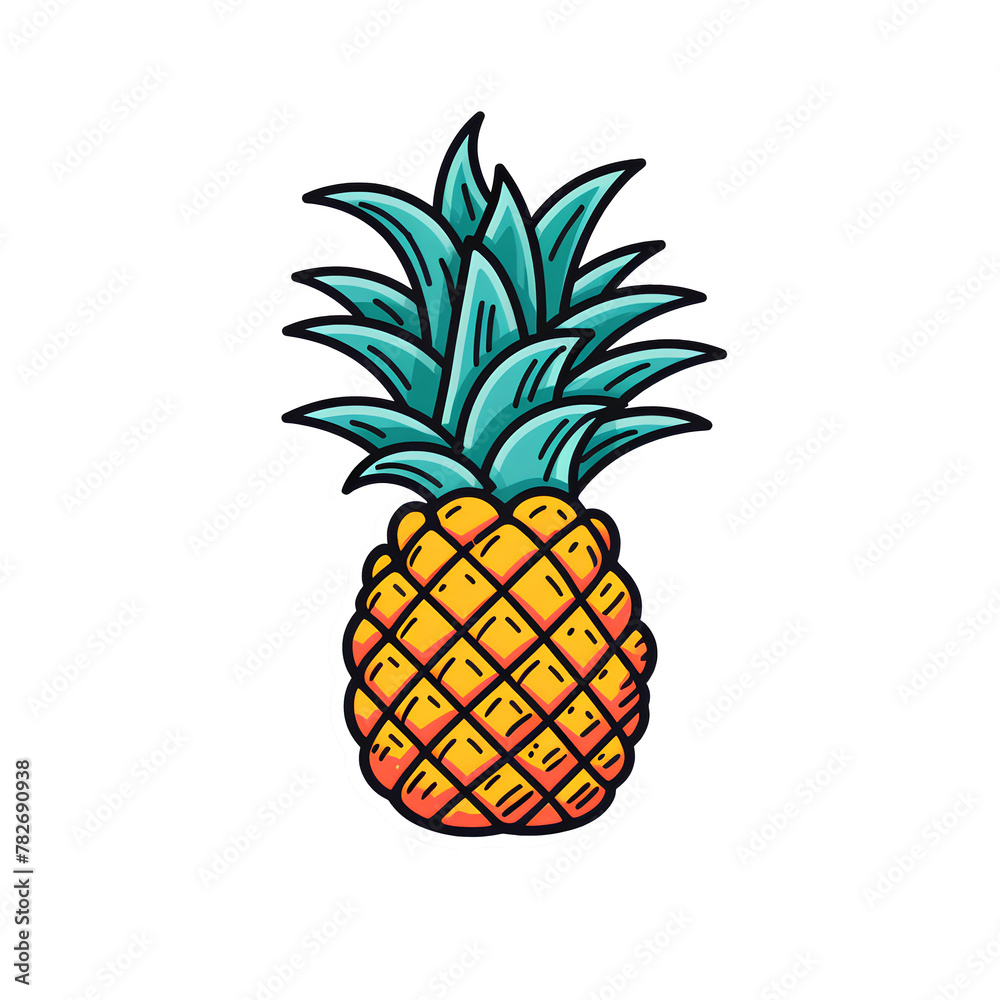 Pineapple, simple line art with color, isolated, no background Pineapple, simple line art with color, isolated, no background