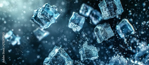 Numerous ice cubes are seen floating in mid-air, creating a unique and surreal visual display