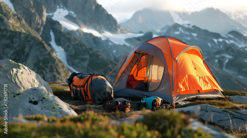 Tent and gear equipment for mountain camping landscape.
