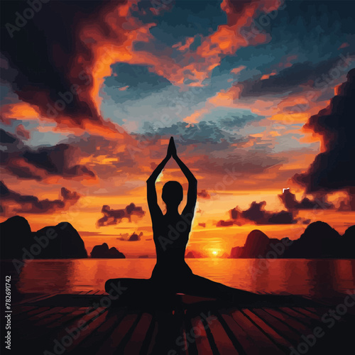 Fototapeta Naklejka Na Ścianę i Meble -  free vector Silhouette of a woman in a yoga pose under a sunset sky