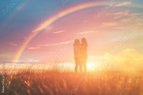 LGBTQ+ Couple with Rainbow and Sunset, Dreamy Love and Harmony