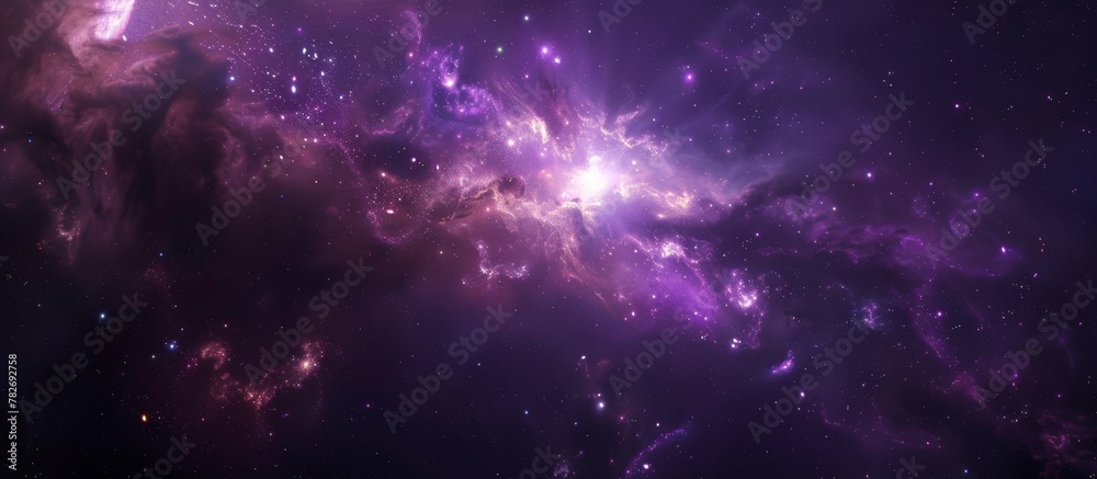A stunning purple galaxy filled with twinkling stars and illuminated by a bright, glowing light in the vast universe