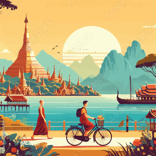 Free vector Asean scenery country background of myanmar with pagoda sea while monk on pilgrimage woman ride bicycle photo